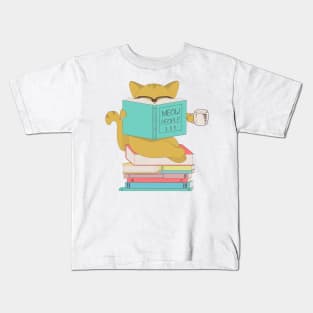 Cat with glasses drinking coffee or tea and reading book Kids T-Shirt